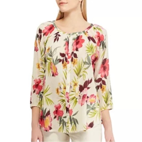 Chaps Multicolor Tropical Button Down Flowy Top 3/4 Sleeve XLP - Picture 1 of 10